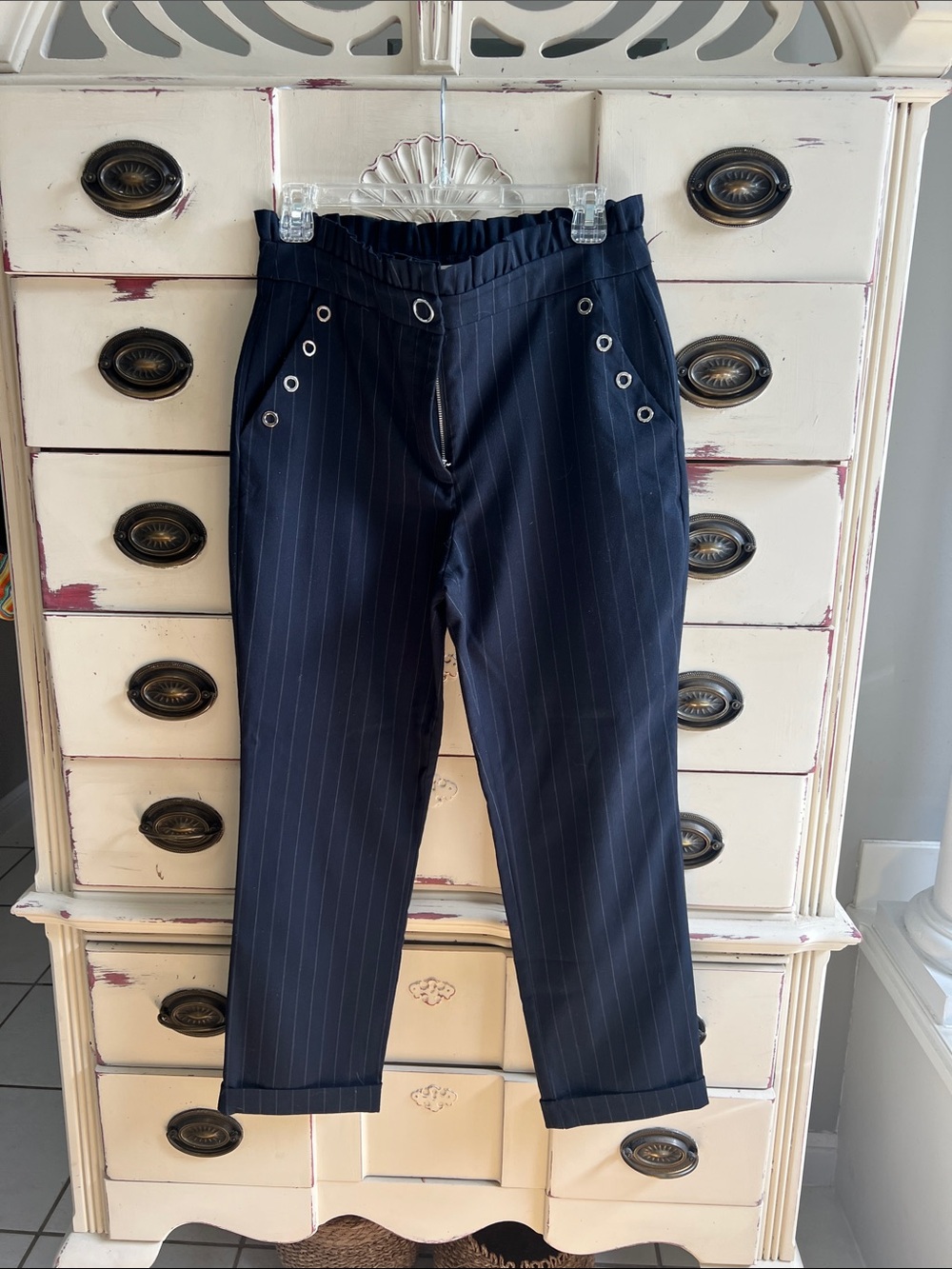 Mango Navy Pinstripe High-Waist Trousers with Eyelet Detail